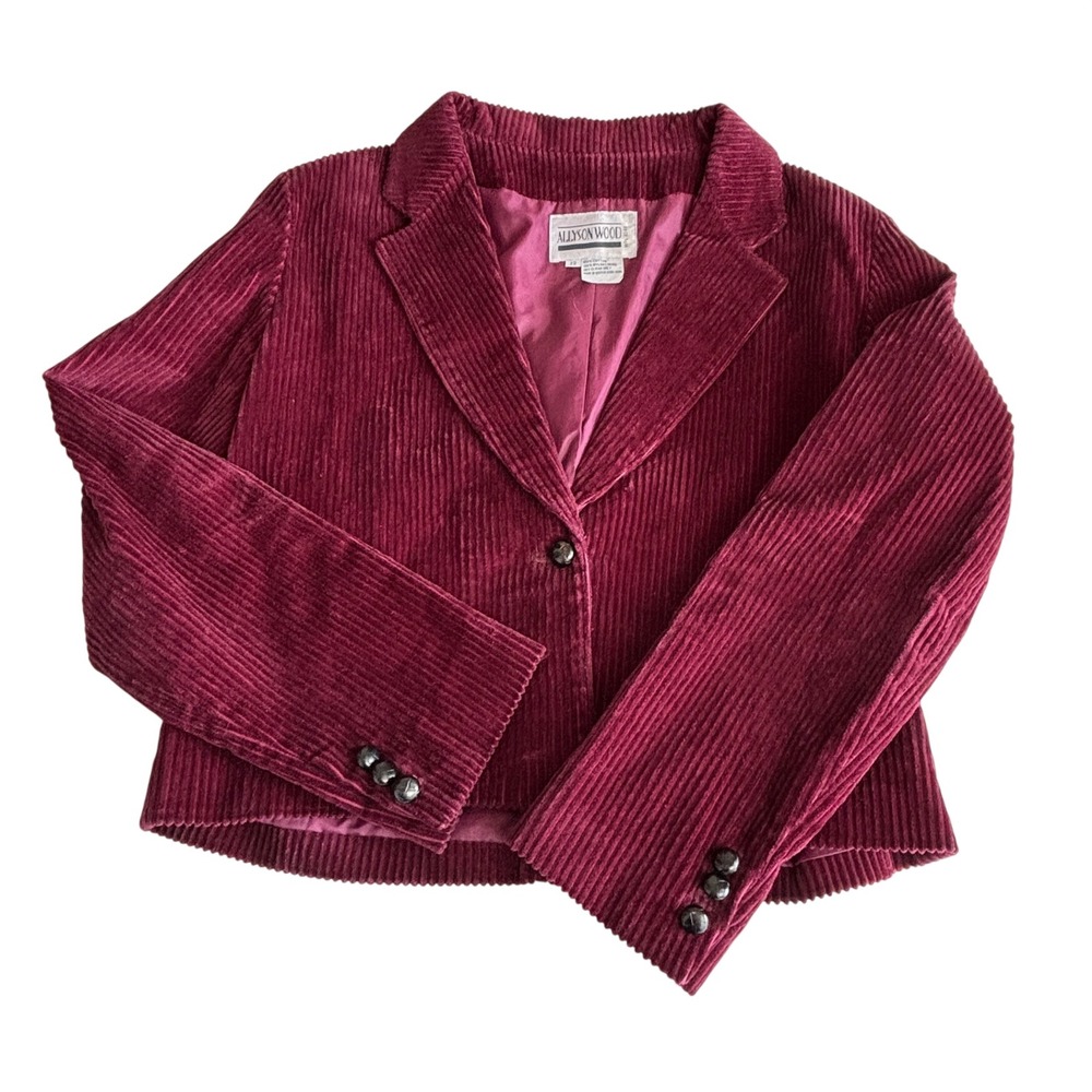 Allyson Wood Vintage Burgundy Corduroy Blazer Cropped Jacket Women Size 12‎